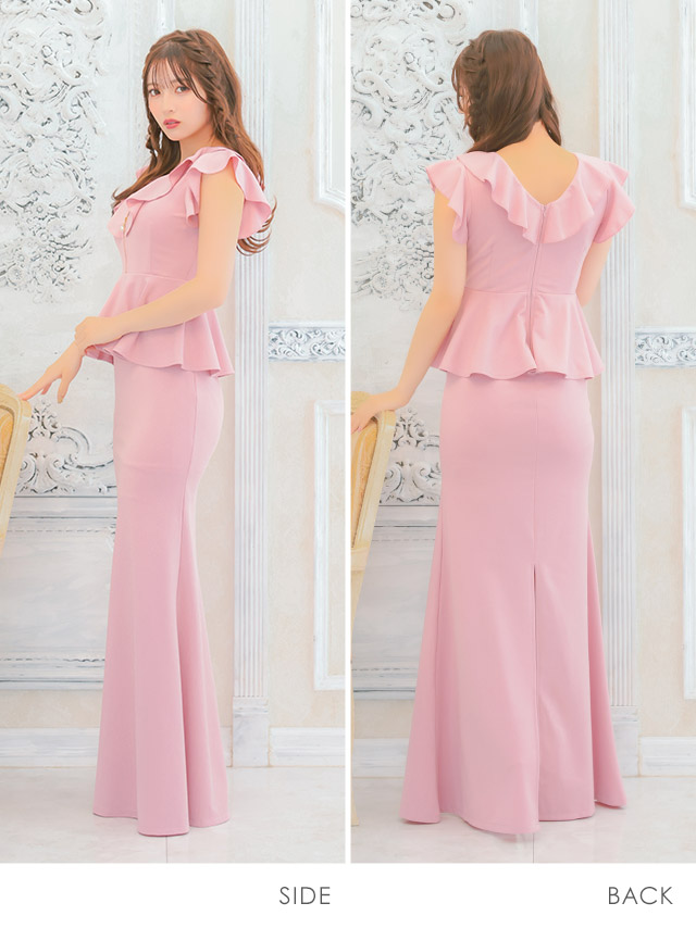 タイト ロングドレス 谷間 大きいサイズ レース スリット ノースリーブ ペプラム ジップ フリルデザイン クロスネック キャバドレスのサイドバッグ全身