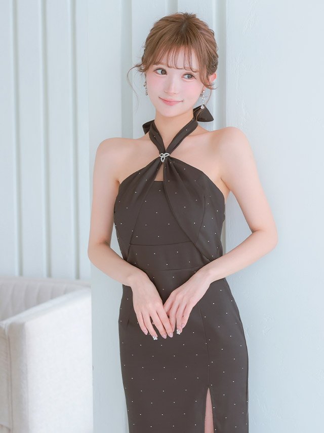 ロングドレス ホルターネック スリット キラキラ 胸元カバー 高身長 Aライン 黒 4L キャバドレスのイメージ画像3
