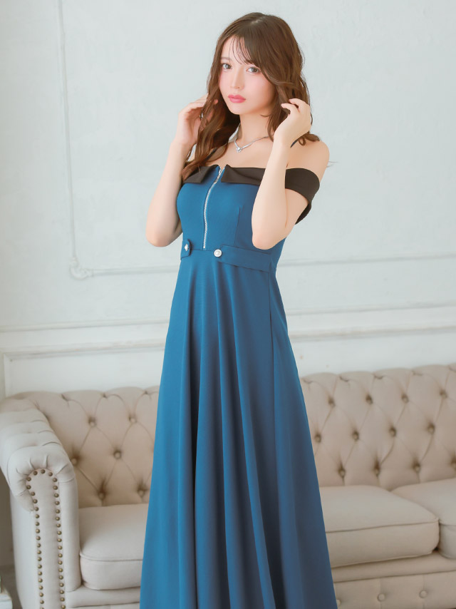 ロングドレス 肩あき ジップ 谷間 サイドベルト 高身長 ブルー 青 XL XXL Aライン キャバドレスのイメージ画像1