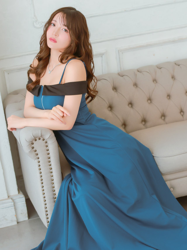 ロングドレス 肩あき ジップ 谷間 サイドベルト 高身長 ブルー 青 XL XXL Aライン キャバドレスのイメージ画像2