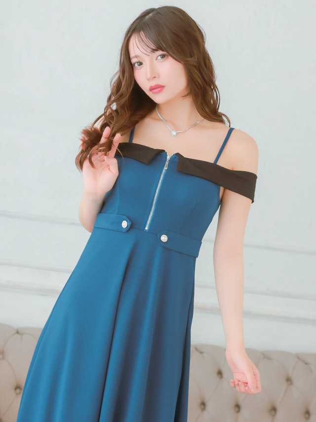 ロングドレス 肩あき ジップ 谷間 サイドベルト 高身長 ブルー 青 XL XXL Aライン キャバドレスのイメージ画像3