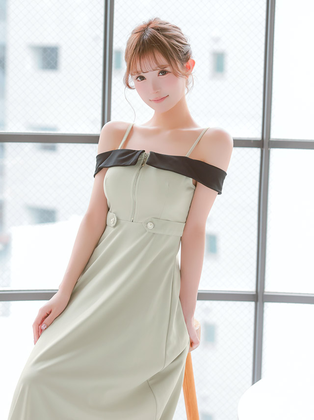 ロングドレス 肩あき ジップ 谷間 サイドベルト 高身長 グレー XL XXL Aライン キャバドレスのイメージ画像1