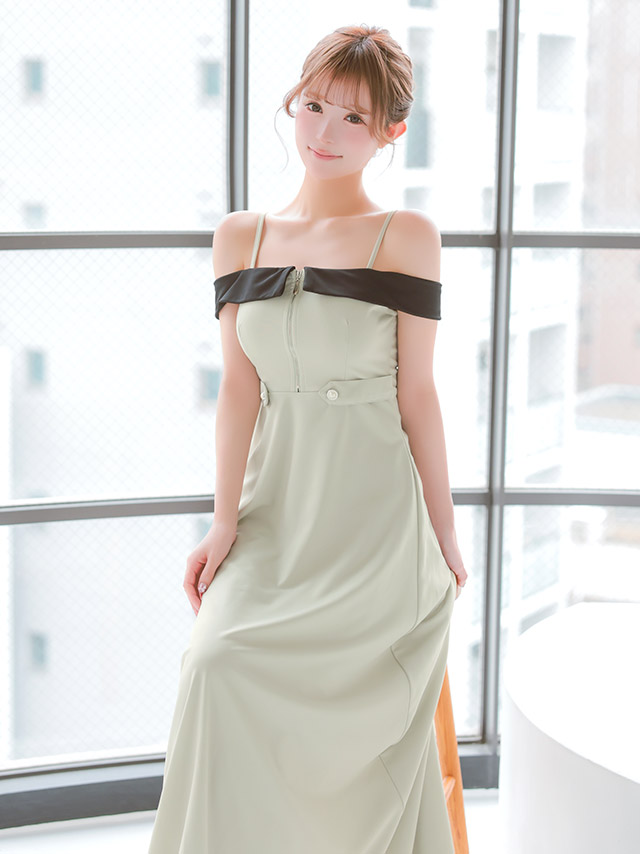 ロングドレス 肩あき ジップ 谷間 サイドベルト 高身長 グレー XL XXL Aライン キャバドレスのイメージ画像4