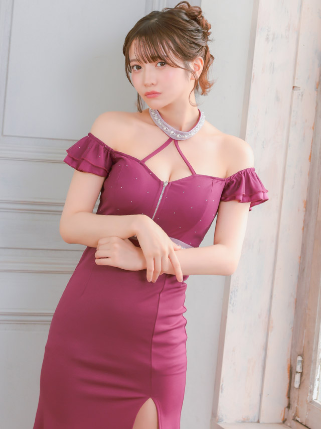 ロングドレス 肩あき クロスネック ホルターネック ストレッチ ジップ 谷間 スリット 大きいサイズ ワイン XL XXL XXXL タイト キャバドレスのイメージ画像1
