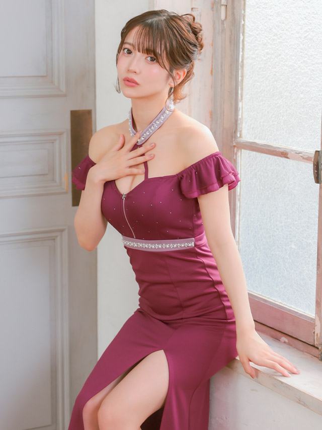 ロングドレス 肩あき クロスネック ホルターネック ストレッチ ジップ 谷間 スリット 大きいサイズ ワイン XL XXL XXXL タイト キャバドレスのイメージ画像2