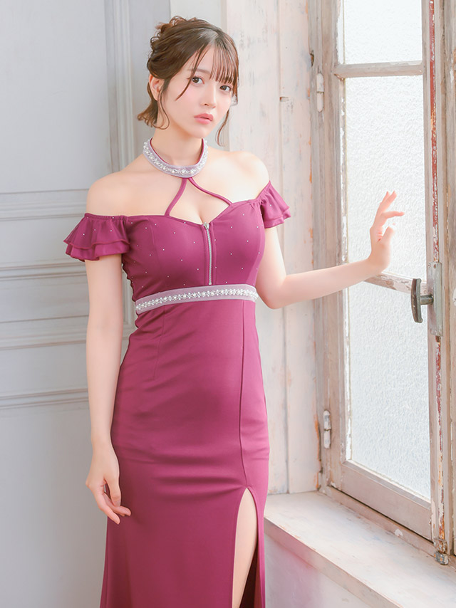 ロングドレス 肩あき クロスネック ホルターネック ストレッチ ジップ 谷間 スリット 大きいサイズ ワイン XL XXL XXXL タイト キャバドレスのイメージ画像3