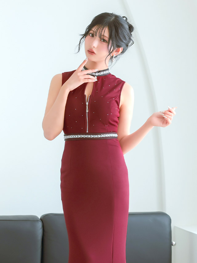  ロングドレス ノースリーブ ビジュー ハイネック ジップ 谷間 ストレッチ スリット 大きいサイズ ワインレッド XL XXL 4L タイト キャバドレスのイメージ画像1