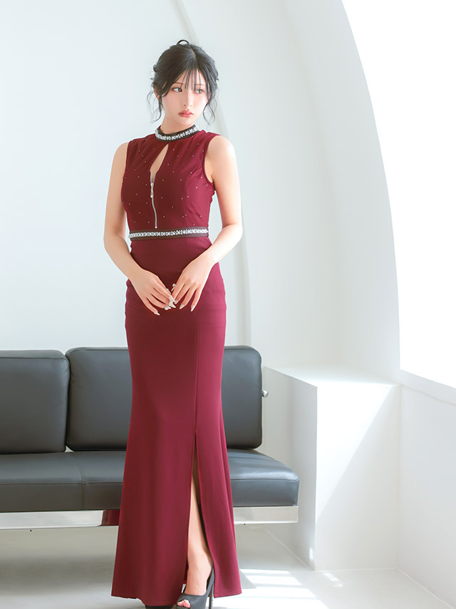 ロングドレス ノースリーブ ビジュー ハイネック ジップ 谷間 ストレッチ スリット 大きいサイズ ワインレッド XL XXL 4L タイト キャバドレスのイメージ画像2