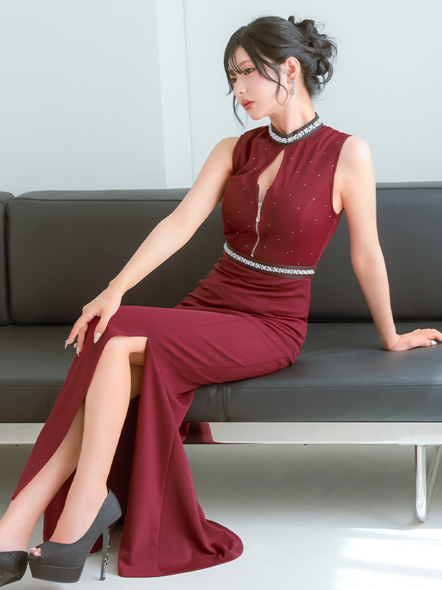  ロングドレス ノースリーブ ビジュー ハイネック ジップ 谷間 ストレッチ スリット 大きいサイズ ワインレッド XL XXL 4L タイト キャバドレスのイメージ画像3
