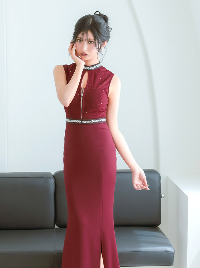 ロングドレス ノースリーブ ビジュー ハイネック ジップ 谷間 ストレッチ スリット 大きいサイズ ワインレッド XL XXL 4L タイト キャバドレスのイメージ画像3