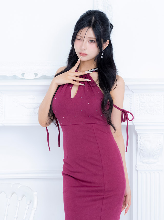  ロングドレス マーメイド ホルターネック ドット ビジュー キーホール 谷間 ビジュー リボン ストレッチ ダークグレー 大きいサイズ XL XXL タイト キャバドレス (横田未来着用) [tk-ld272010-1]のイメージ画像1