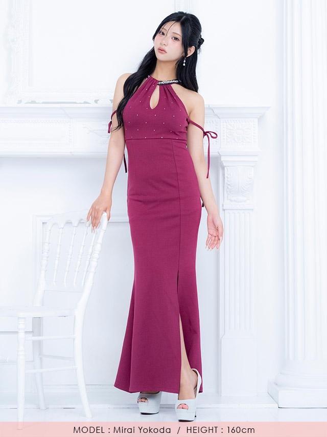  ロングドレス マーメイド ホルターネック ドット ビジュー キーホール 谷間 ビジュー リボン ストレッチ ダークグレー 大きいサイズ XL XXL タイト キャバドレス (横田未来着用) [tk-ld272010-1]のフロント全身