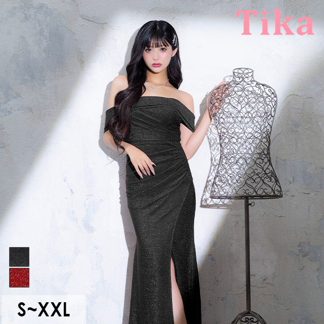 ロングドレス タイト オフショルダー ギャザー ストレッチ グリッターラメ スリット 赤ドレス 大きいサイズ XL XXL キャバドレスのメイン画像