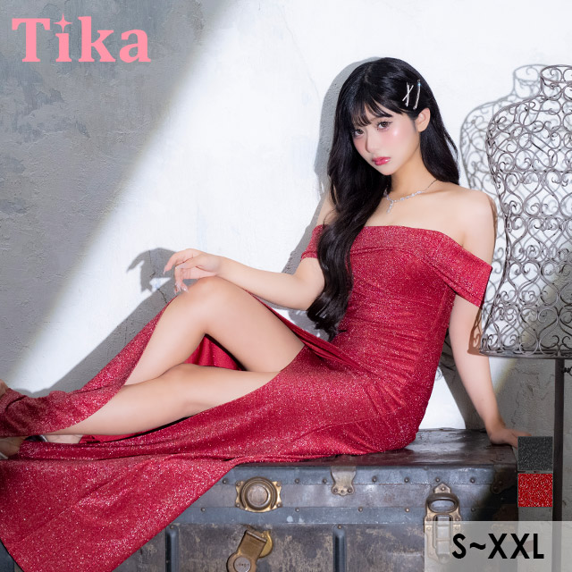 ロングドレス タイト オフショルダー ギャザー ストレッチ グリッターラメ スリット 赤ドレス 大きいサイズ XL XXL キャバドレスのメイン画像