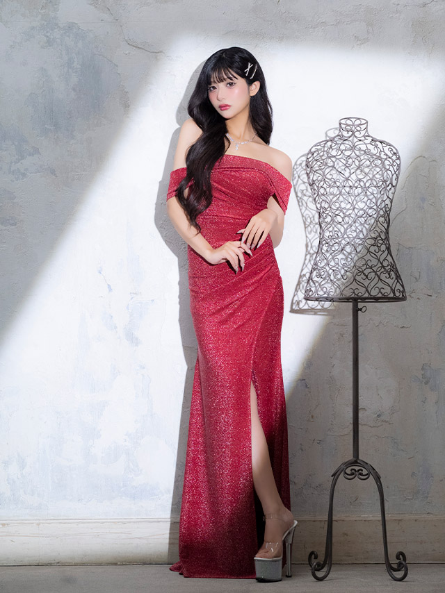 ロングドレス タイト オフショルダー ギャザー ストレッチ グリッターラメ スリット 赤ドレス 大きいサイズ XL XXL キャバドレスのイメージ画像2