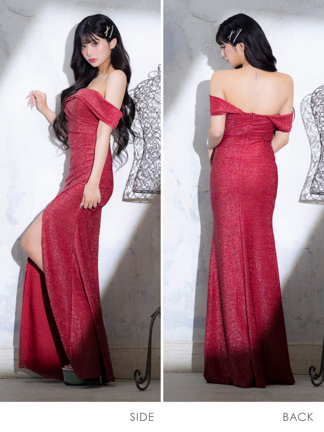 ロングドレス タイト オフショルダー ギャザー ストレッチ グリッターラメ スリット 赤ドレス 大きいサイズ XL XXL キャバドレスのサイドバッグ全身
