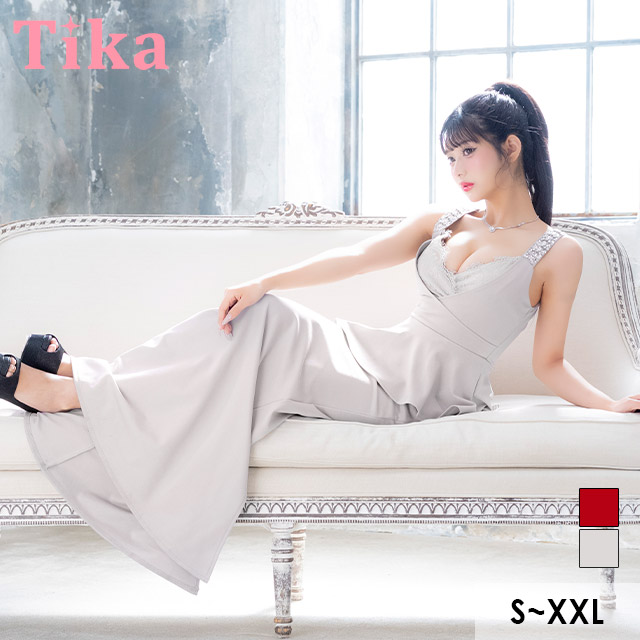 ロングドレス ノースリーブ ビジュー タイト 谷間 レース 大きいサイズ ストレット ペプラム レース 大人 高身長 お腹カバー グレー キャバドレス XL XXLのメイン画像