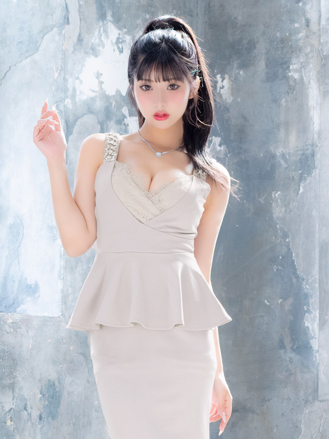 ロングドレス ノースリーブ ビジュー タイト 谷間 レース 大きいサイズ ストレット ペプラム レース 大人 高身長 お腹カバー グレー キャバドレス XL XXLのイメージ画像1