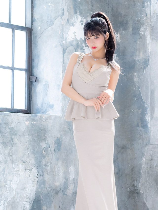 ロングドレス ノースリーブ ビジュー タイト 谷間 レース 大きいサイズ ストレット ペプラム レース 大人 高身長 お腹カバー グレー キャバドレス XL XXLのイメージ画像2