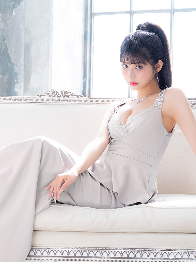 ロングドレス ノースリーブ ビジュー タイト 谷間 レース 大きいサイズ ストレット ペプラム レース 大人 高身長 お腹カバー グレー キャバドレス XL XXLのイメージ画像3