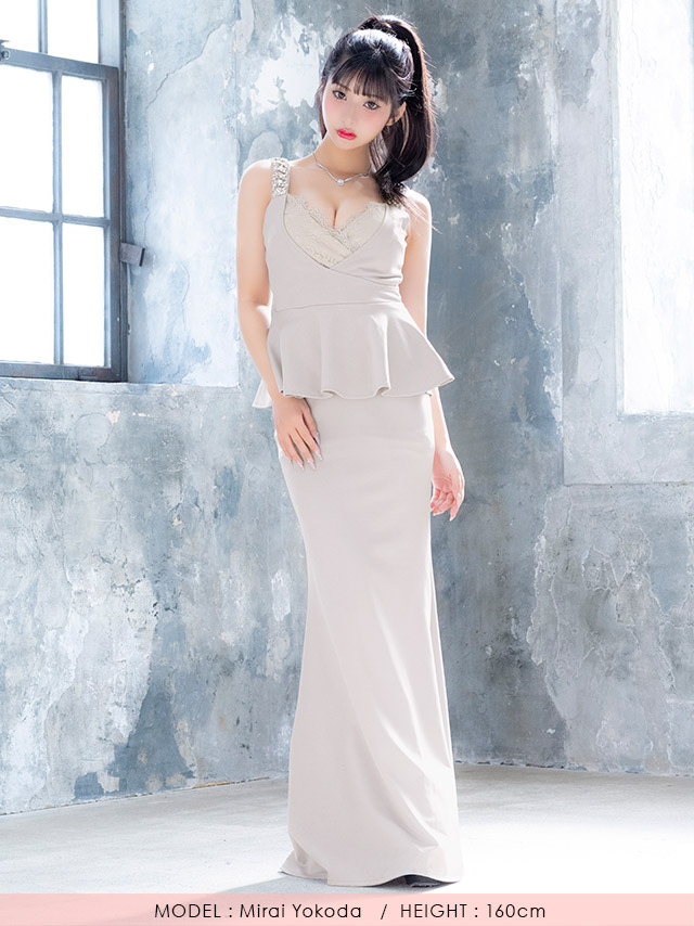 ロングドレス ノースリーブ ビジュー タイト 谷間 レース 大きいサイズ ストレット ペプラム レース 大人 高身長 お腹カバー グレー キャバドレス XL XXLのフロント全身