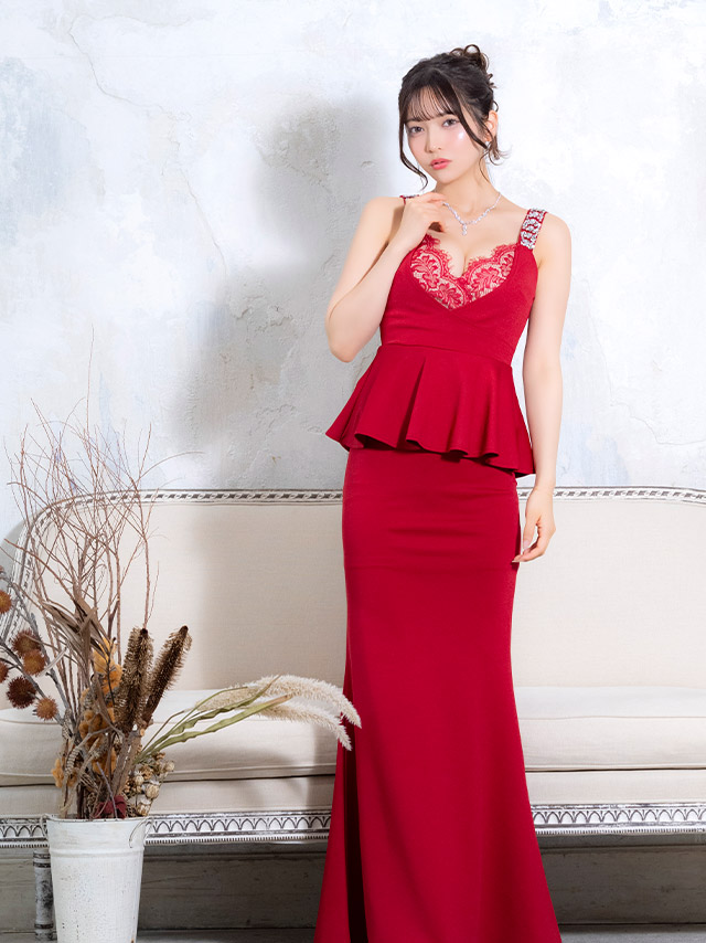 ロングドレス ノースリーブ ビジュー タイト 谷間 レース 大きいサイズ ストレット ペプラム レース 大人 高身長 お腹カバー グレー キャバドレス XL XXLのイメージ画像2