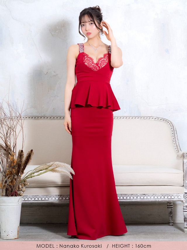 ロングドレス ノースリーブ ビジュー タイト 谷間 レース 大きいサイズ ストレット ペプラム レース 大人 高身長 お腹カバー グレー キャバドレス XL XXLのフロント全身