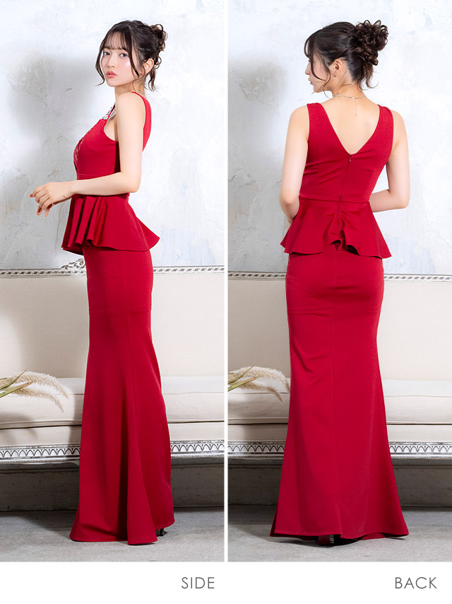 ロングドレス ノースリーブ ビジュー タイト 谷間 レース 大きいサイズ ストレット ペプラム レース 大人 高身長 お腹カバー グレー キャバドレス XL XXLのサイドバッグ全身