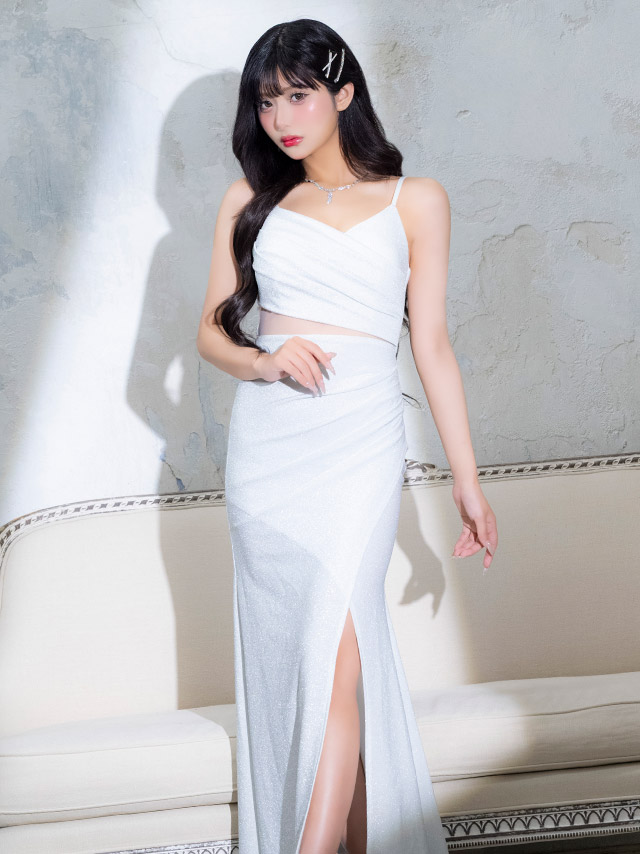 ロングドレス タイト オフショルダー ギャザー ストレッチ グリッターラメ スリット 赤ドレス 大きいサイズ XL XXL キャバドレスのイメージ画像3