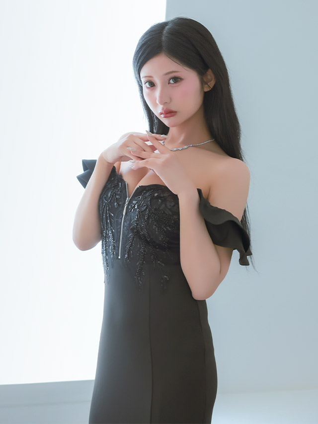 ロングドレス オフショルダー ジップ 谷間 スパンコール 刺繍 レース ストレッチ スリット 大きいサイズ 黒 ブラック XL XXL タイト キャバドレスのイメージ画像1