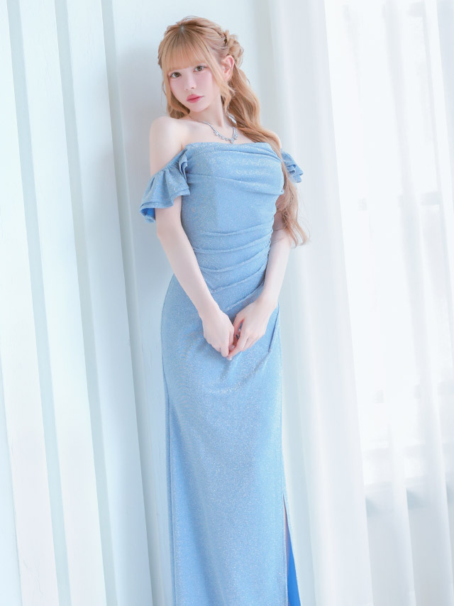 ロングドレス タイト オフショルダー ギャザー ストレッチ グリッターラメ スリット 大きいサイズ ブルー XL XXL キャバドレスのイメージ画像1