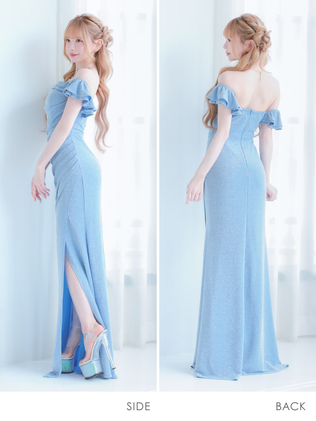 ロングドレス タイト オフショルダー ギャザー ストレッチ グリッターラメ スリット 大きいサイズ ブルー XL XXL キャバドレスのサイドバッグ全身