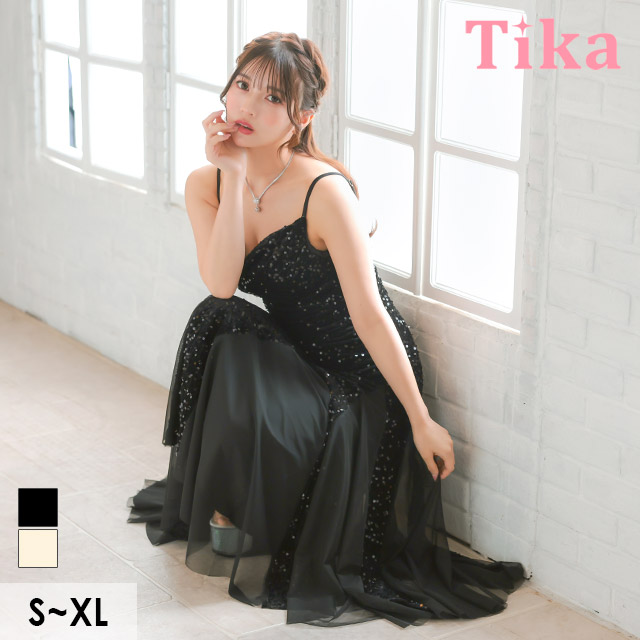 ロングドレス バースデー タイト 大人 マーメイド シフォン キャミソール キラキラ スパンコール 黒 キャバドレスのメイン画像