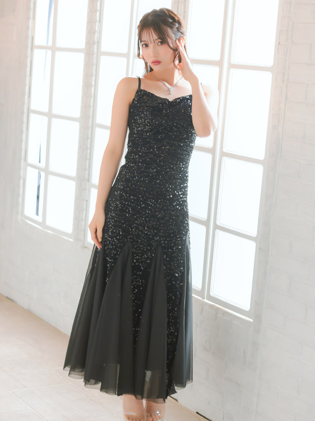 ロングドレス バースデー タイト 大人 マーメイド シフォン キャミソール キラキラ スパンコール 黒 キャバドレスのイメージ画像1