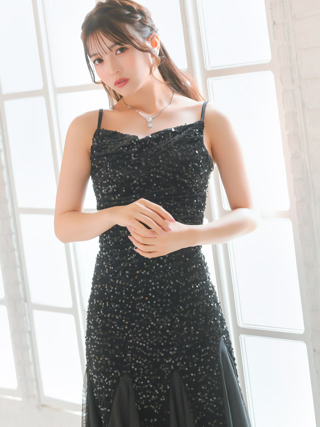 ロングドレス バースデー タイト 大人 マーメイド シフォン キャミソール キラキラ スパンコール 黒 キャバドレスのイメージ画像2