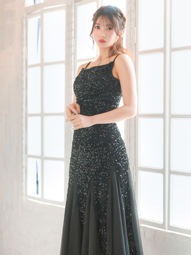 ロングドレス バースデー タイト 大人 マーメイド シフォン キャミソール キラキラ スパンコール 黒 キャバドレスのイメージ画像4