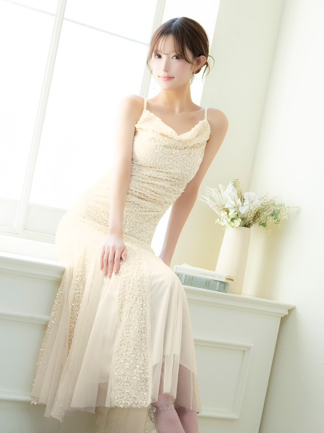 ロングドレス バースデー タイト 大人 マーメイド シフォン キャミソール キラキラ スパンコール アイボリー XL キャバドレスのイメージ画像2