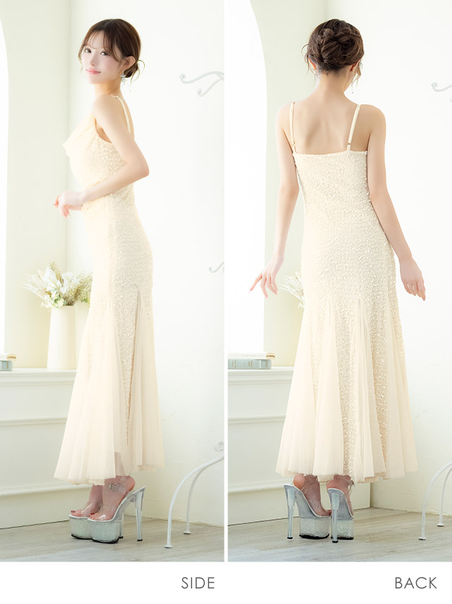 ロングドレス バースデー タイト 大人 マーメイド シフォン キャミソール キラキラ スパンコール アイボリー XL キャバドレスのサイドバッグ全身