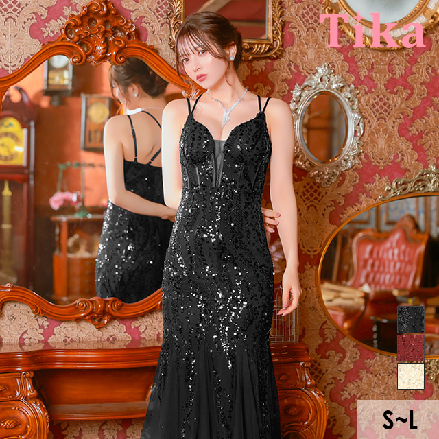 バースデー タイト ロングドレス 谷間 レース 大人 マーメイド キャミソール バストシースルー スパンコール ワンカラー キャバドレスのメイン画像