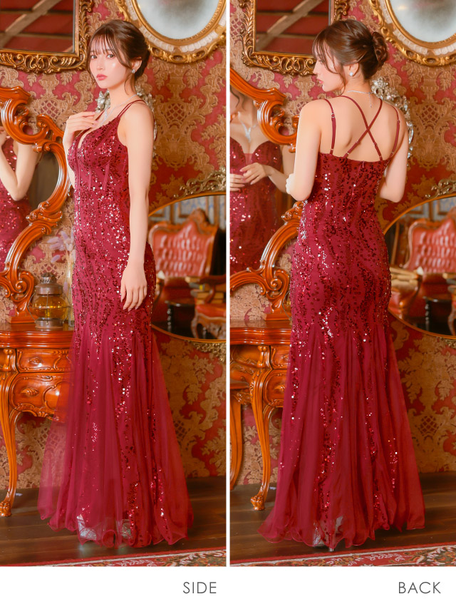 バースデー タイト ロングドレス 谷間 レース 大人 マーメイド キャミソール バストシースルー スパンコール ワンカラー キャバドレスのサイドバッグ全身