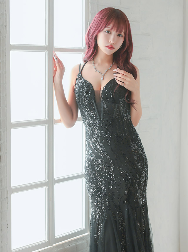 バースデー タイト ロングドレス 谷間 レース 大人 マーメイド キャミソール バストシースルー スパンコール ワンカラー キャバドレスのイメージ画像2
