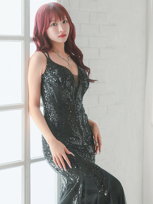 バースデー タイト ロングドレス 谷間 レース 大人 マーメイド キャミソール バストシースルー スパンコール ワンカラー キャバドレスのイメージ画像4