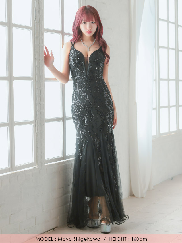 バースデー タイト ロングドレス 谷間 レース 大人 マーメイド キャミソール バストシースルー スパンコール ワンカラー キャバドレスのフロント全身