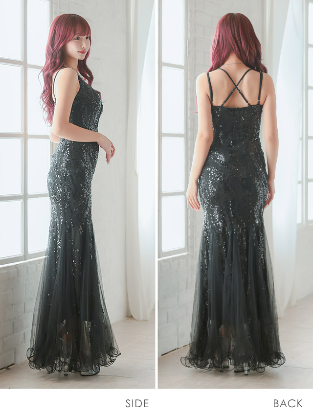 バースデー タイト ロングドレス 谷間 レース 大人 マーメイド キャミソール バストシースルー スパンコール ワンカラー キャバドレスのサイドバッグ全身