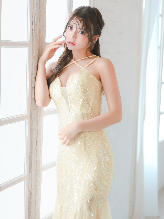 バースデー タイト ロングドレス 谷間 レース 大人 マーメイド キャミソール バストシースルー スパンコール ワンカラー キャバドレスのイメージ画像1