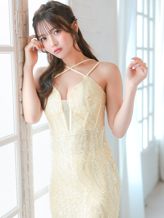 バースデー タイト ロングドレス 谷間 レース 大人 マーメイド キャミソール バストシースルー スパンコール ワンカラー キャバドレスのイメージ画像3