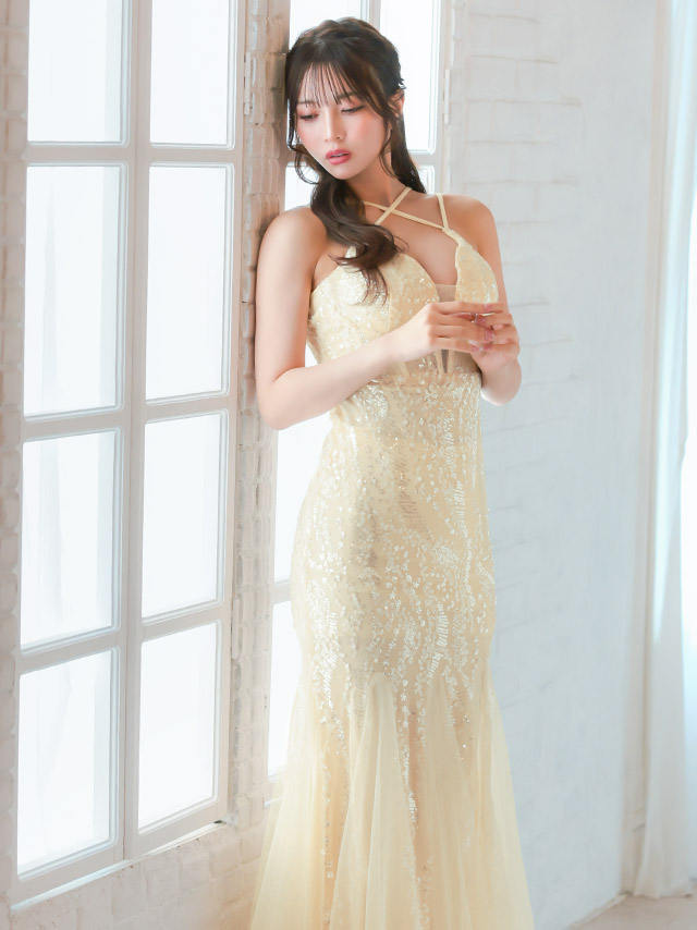 バースデー タイト ロングドレス 谷間 レース 大人 マーメイド キャミソール バストシースルー スパンコール ワンカラー キャバドレスのイメージ画像4