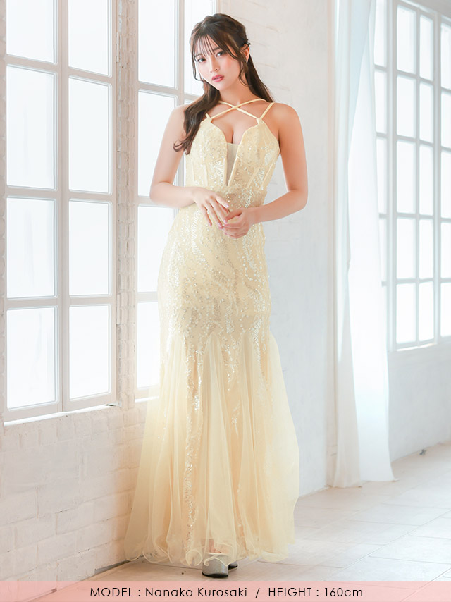 バースデー タイト ロングドレス 谷間 レース 大人 マーメイド キャミソール バストシースルー スパンコール ワンカラー キャバドレスのフロント全身