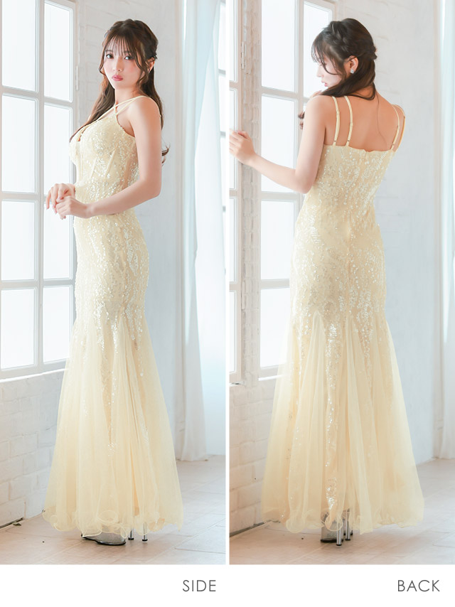 バースデー タイト ロングドレス 谷間 レース 大人 マーメイド キャミソール バストシースルー スパンコール ワンカラー キャバドレスのサイドバッグ全身