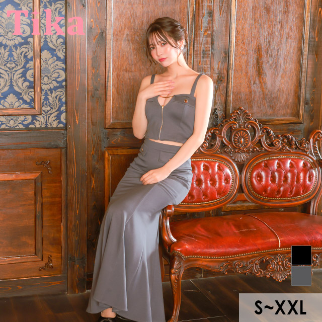 ロングドレス セットアップ ジップ キャミソール ストレッチ フェイクポケット マーメイド グレー XL XXL タイト キャバドレスのメイン画像